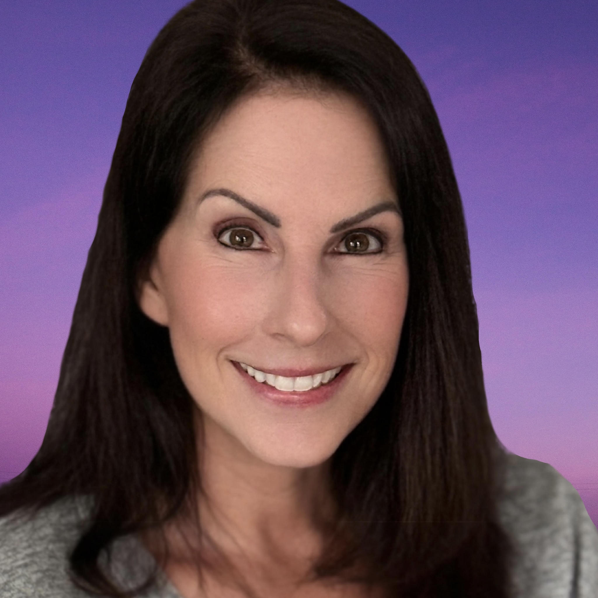 Smiling woman with dark hair against a purple gradient background.