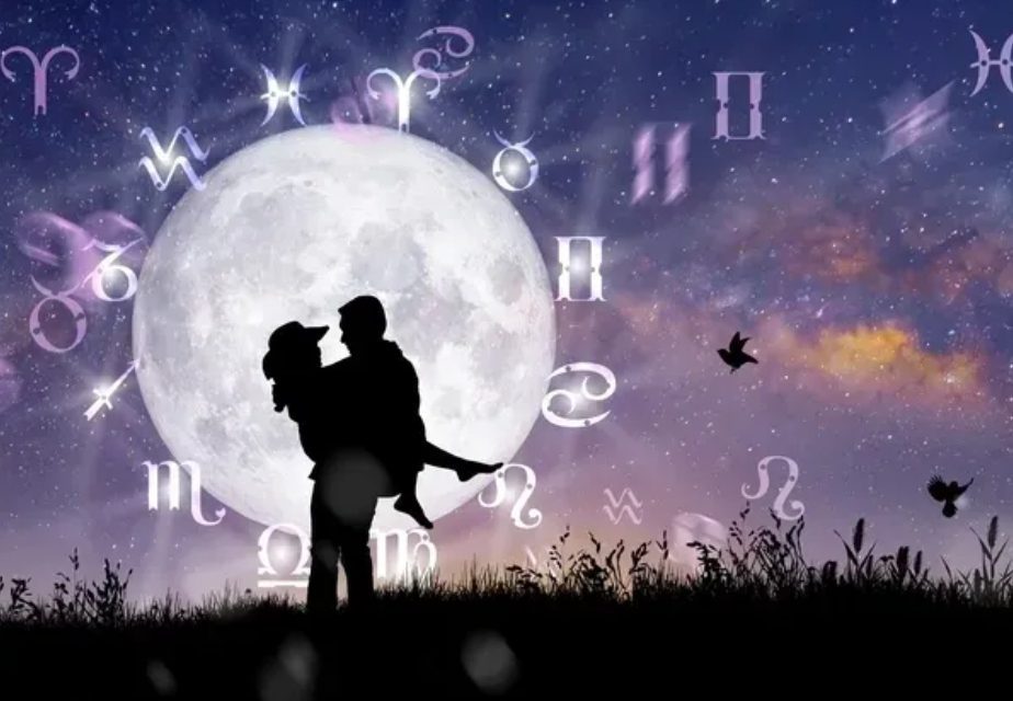 Silhouette couple, zodiac signs, full moon.