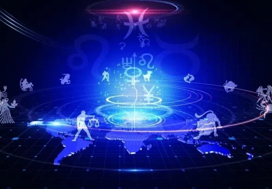 Astrological symbols over world map background.