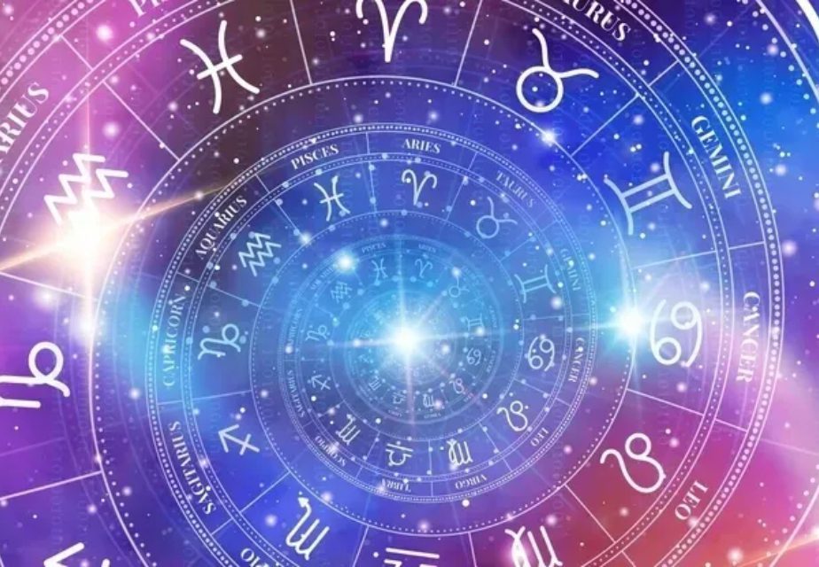Zodiac signs on colorful celestial background.