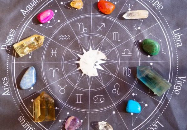 Zodiac chart with crystals on fabric.