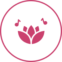 A pink lotus flower icon with musical notes inside a white circle.