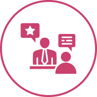 Two people engaging in a professional conversation with icons symbolizing feedback and communication.