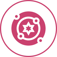 White atomic model icon with a star at center on pink background.