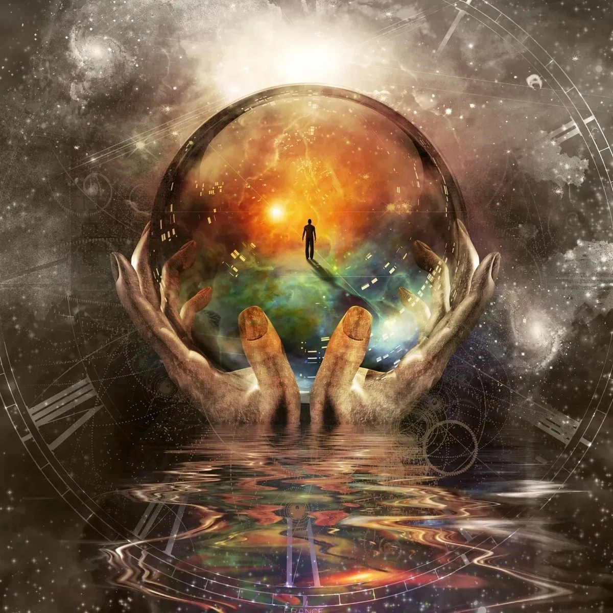 Hands holding a glowing crystal ball with a surreal landscape inside.