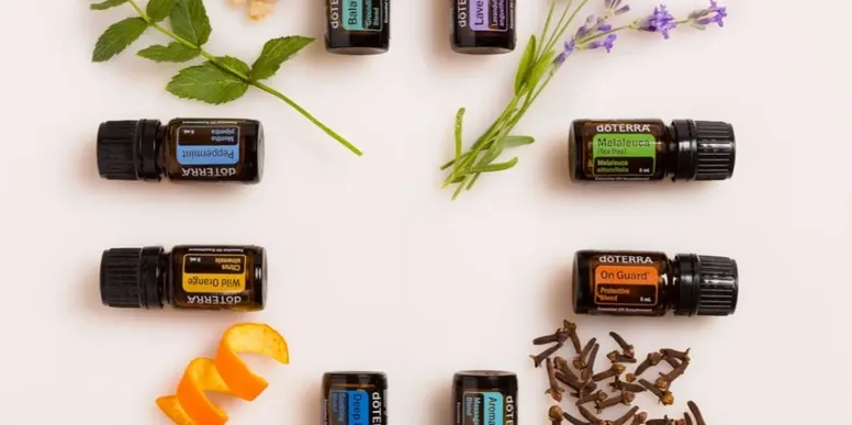 Aromatic essential oils with fresh herbs and spices arranged in a circle.
