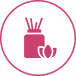 A pink icon of a reed diffuser with a flower beside it.