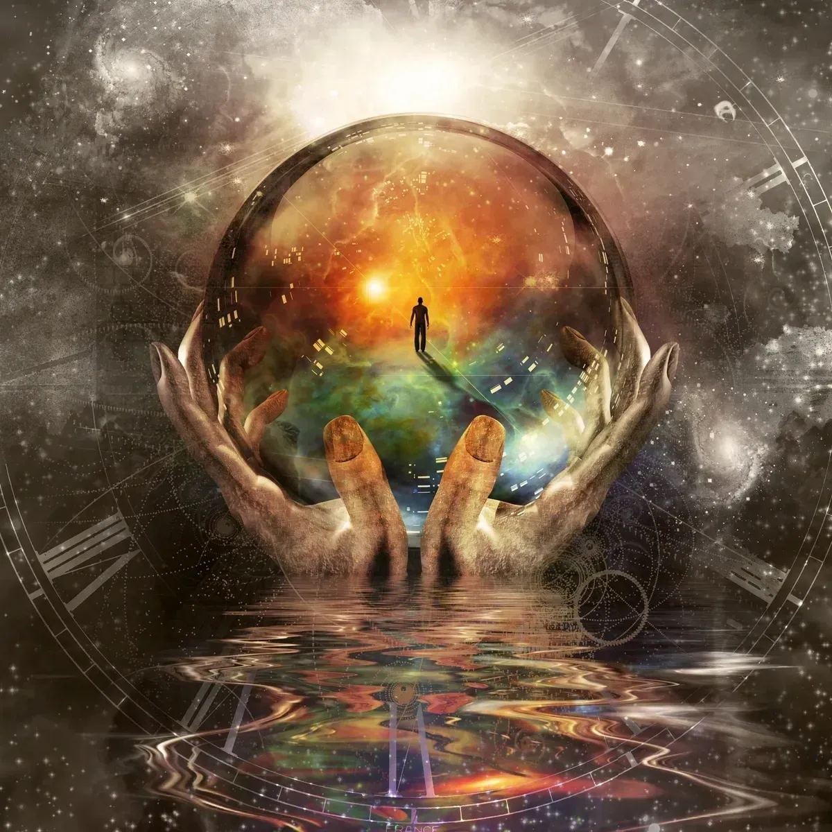 Hands holding a glowing orb with a surreal landscape inside.