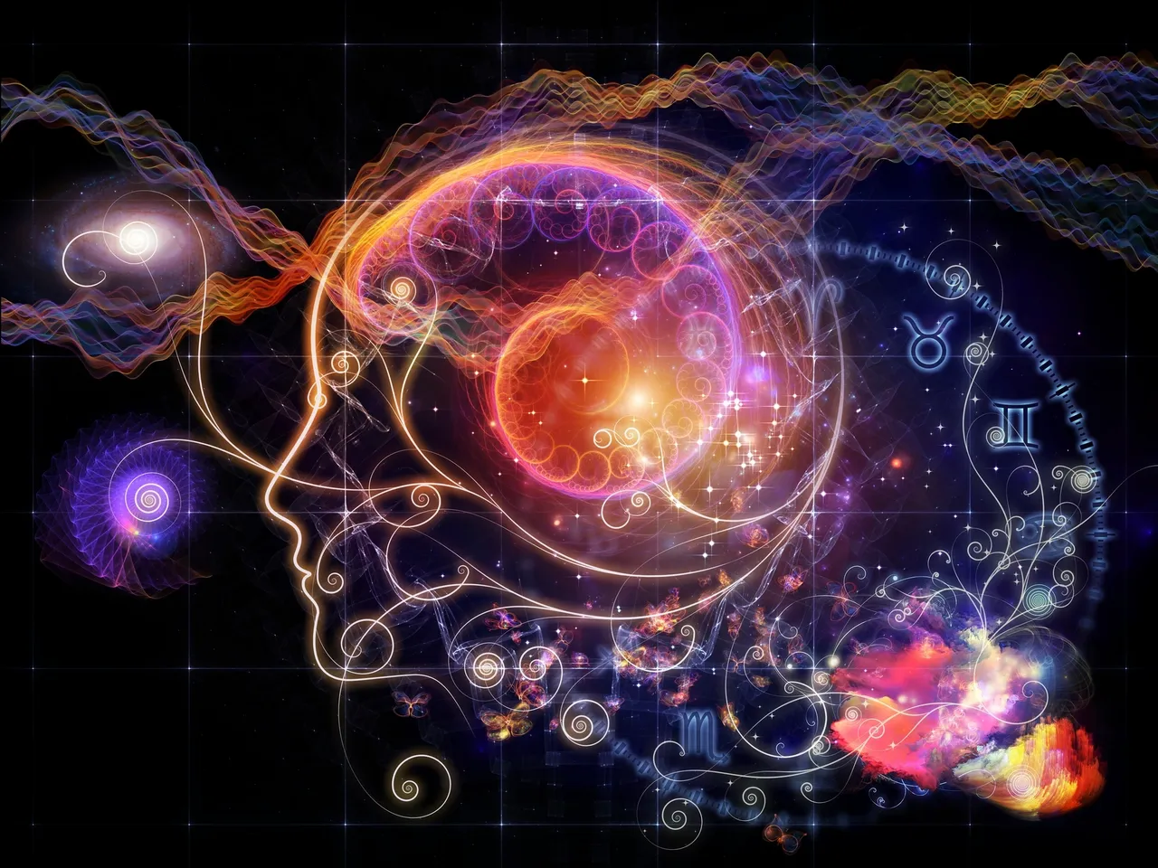 Abstract digital artwork depicting a glowing human head with swirling cosmic elements.