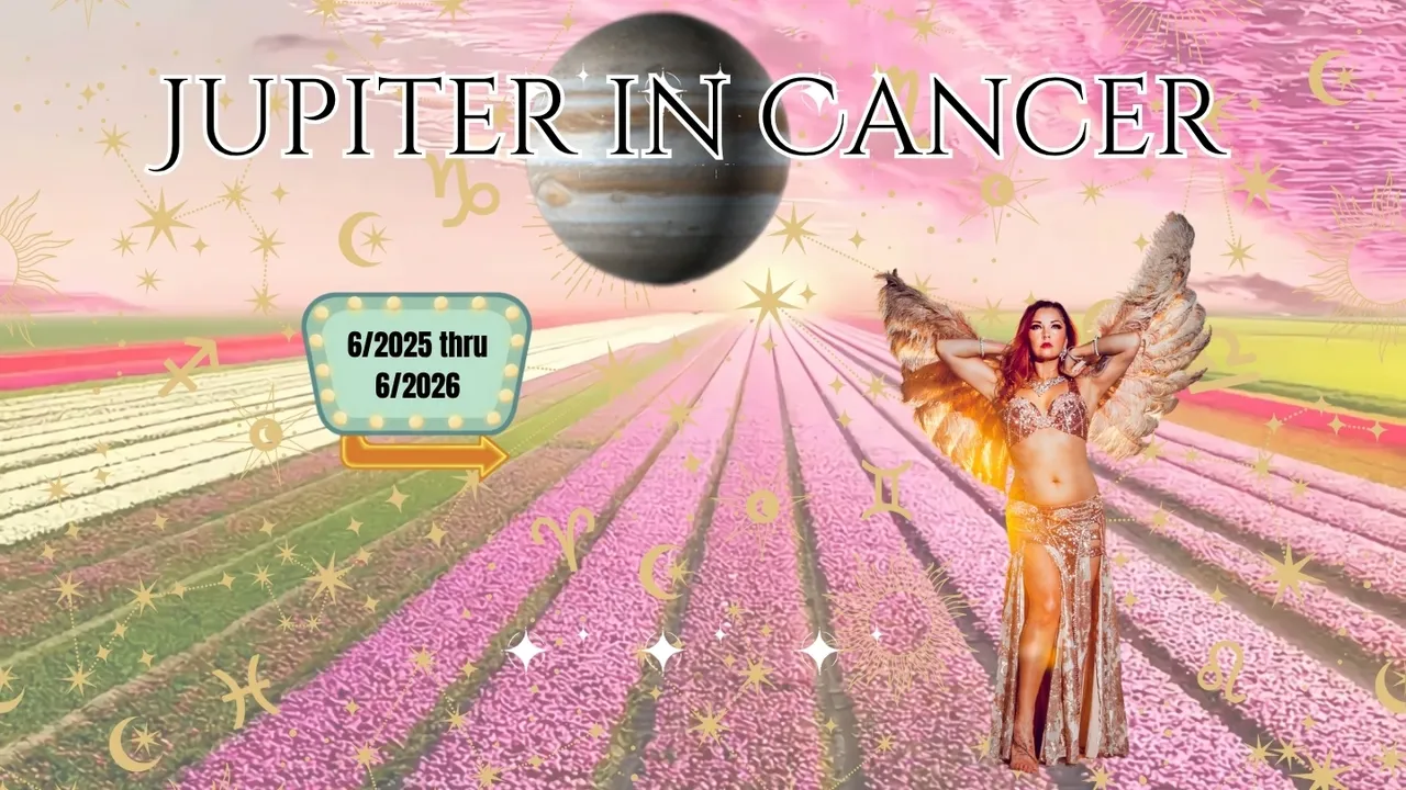 Astrological theme with Jupiter in Cancer and a mystical figure among pink fields.
