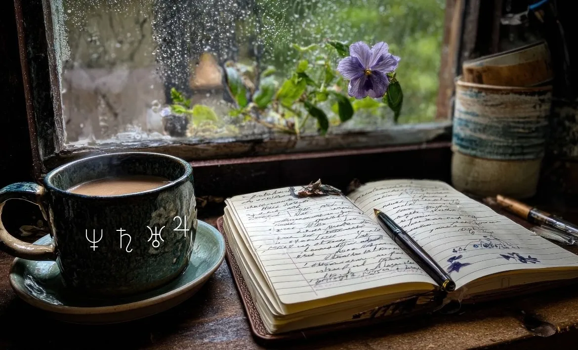 Cozy journaling with coffee by a rainy window and a blooming flower.