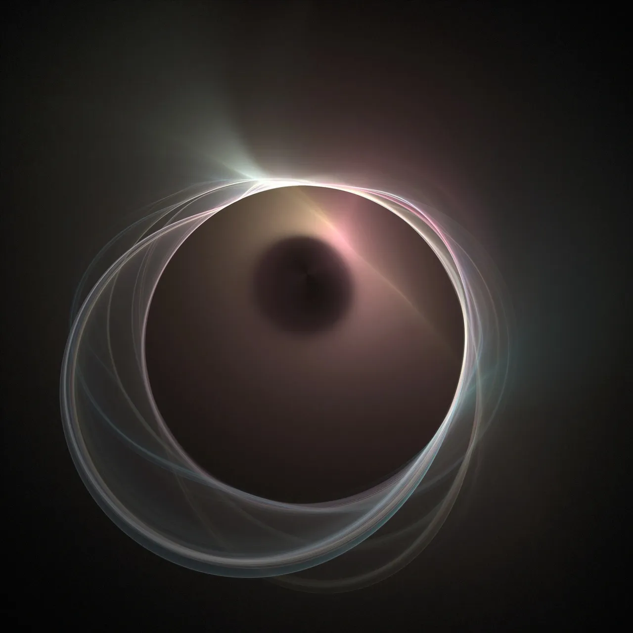 Abstract dark sphere with glowing rings on a black background.