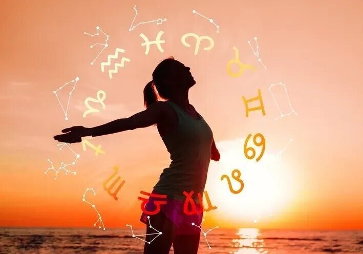 Silhouette with zodiac signs at sunset.