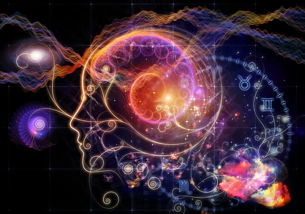 Abstract digital artwork depicting a glowing human head with swirling cosmic elements.