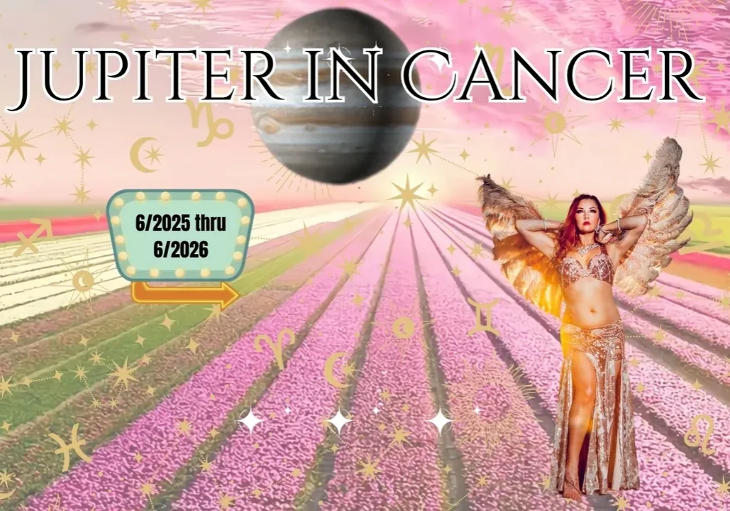 Astrological theme with Jupiter in Cancer and a mystical figure among pink fields.