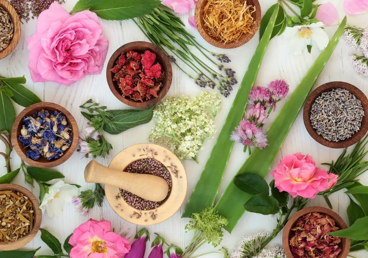 Herbs and flowers arranged with a wooden mortar and pestle.