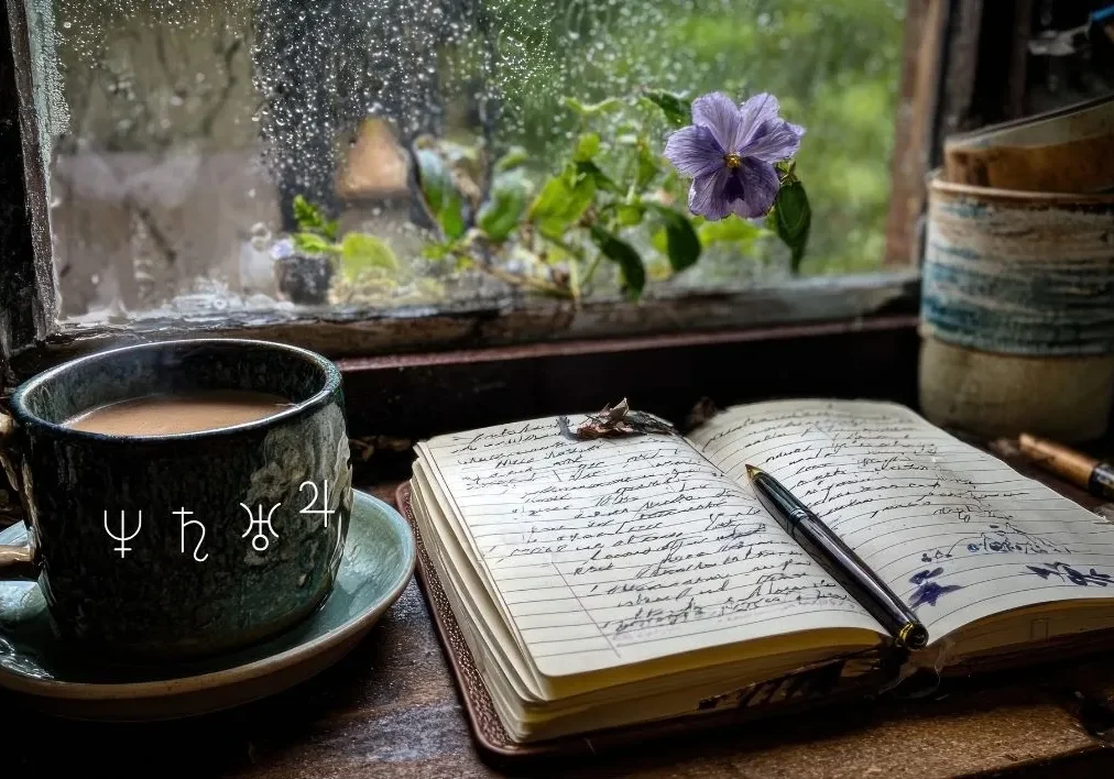 Cozy journaling with coffee by a rainy window and a blooming flower.