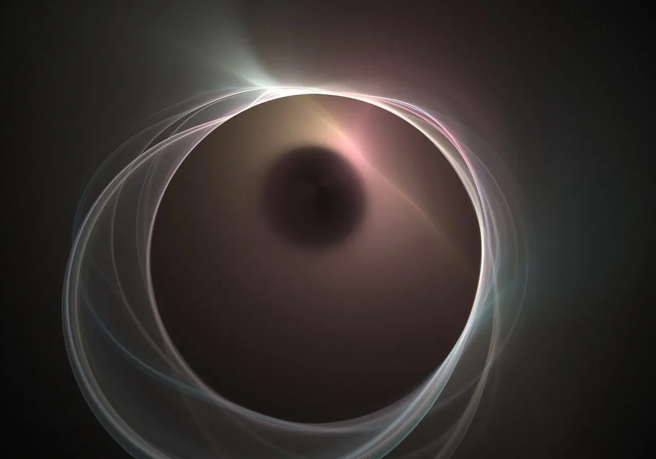 Abstract dark sphere with glowing rings on a black background.